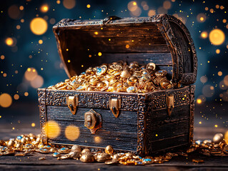 An open treasure chest filled with gold coins and jewels, glowing under warm light. It represents wealth, adventure, and mystery, ideal for themes of fortune and exploration.