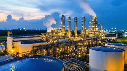 Poster - Industrial facility illuminated at dusk with smokestacks and equipment, showcasing advanced manufacturing processes