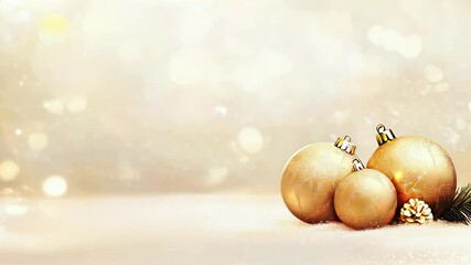 Wall Mural - Golden Christmas tree balls on light beige background with bokeh. Animated Christmas postcard