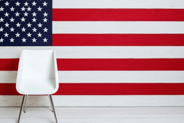 Modern chair in front of American flag on wooden wall, minimalist design