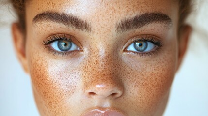Poster - A young woman with beautiful blue eyes and a freckled complexion gazes into the camera, her expression exuding confidence and warmth in a soft, neutral setting.
