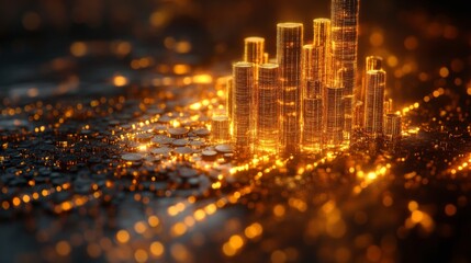 Aufkleber - A luminous city skyline emerges from golden cylindrical structures resting on a dark surface, casting vibrant reflections in a nighttime atmosphere.