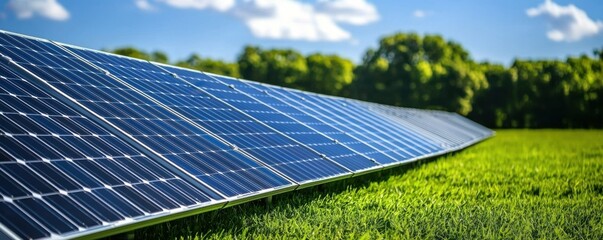 Solar panels on green grass under a blue sky, promoting clean energy.