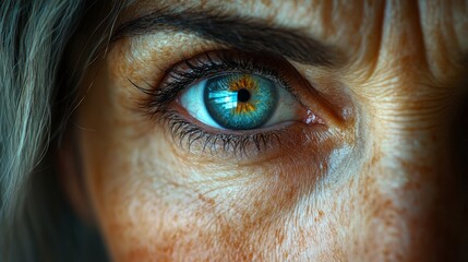 Poster - The image showcases a striking close-up of a human eye, revealing a mix of vivid colors and unique patterns. Subtle light enhances its details and textures.