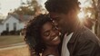 © VK Studio - A couple basks in golden hour sun on a residential street, smiling tenderly, their faces illuminated with warmth and genuine affection.
