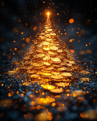 Poster - An abstract composition of a Christmas tree covered in golden coins hanging as decorations, with the coins catching the light and sparkling, evoking a sense of prosperity and festive joy,