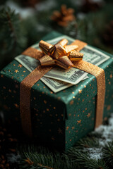 Poster - A festive gift box with banknotes spilling out, styled under a snowy pine tree branch, with small glittering stars scattered around, creating a luxurious and celebratory cash gift aesthetic,