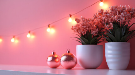 Poster - A soft pink background with a garland of copper string lights loosely arranged across the top, the warm light providing a subtle contrast and creating a simple, dreamy aesthetic,