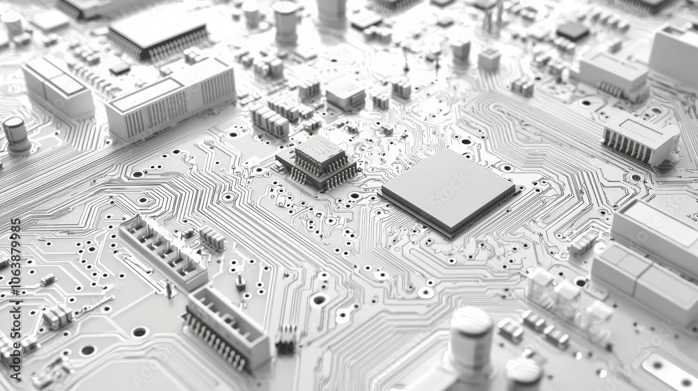 Close-up view of a detailed, white circuit board showcasing various ...