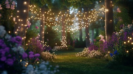 Aufkleber - A whimsical forest scene with twinkling fairy lights strung between the trees
