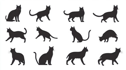  Silhouettes of various cats showcasing different poses and attitudes on a light background.