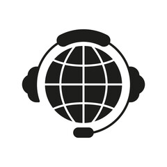 Global Customer Support Silhouette Icon with Headset for International Service. Worldwide Help and Communication Glyph Symbol. Isolated Vector Illustration