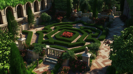 Poster - An overhead view of a perfectly trimmed maze garden with intricate pathways