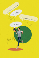 Aufkleber - Vertical photo collage of happy guy run laptop device carry coffee cup beverage voice chat bubble dialogue isolated on painted background