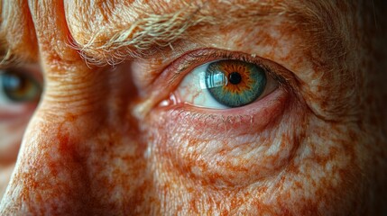 Poster - An elderly individual gazes thoughtfully, revealing the striking hues of their eye, while the texture of their skin tells a story of time. Natural light enhances the details beautifully.