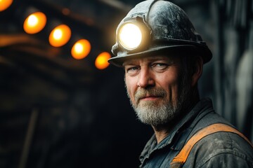 Portrait of a smiling miner with a lit helmet lamp