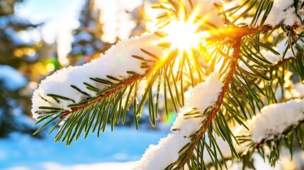 Aufkleber - Close-up of snow-covered pine branches with sunlight filtering through