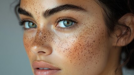 Poster - This close-up features a person showcasing a beautiful face adorned with freckles, highlighted by bright blue eyes. The soft background helps emphasize their unique features.