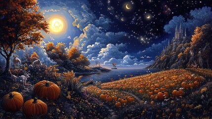Wall Mural - A captivating autumn landscape fills the scene, featuring a serene lake bordered by a vibrant array of orange pumpkins that dominate the foreground. Flanking the pumpkins are lush trees adorned with f