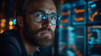 Poster - A focused individual studies stock market trends displayed on illuminated screens, surrounded by a late-night atmosphere that emphasizes determination and concentration.