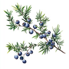 Hand-drawn Watercolor Juniper Berries and Branches Set on White Background