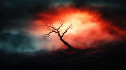 A haunting yet enchanting scene of a twisted tree silhouetted against a vibrant orange-red stormy sky, capturing the raw beauty of nature's forces and powerful emotions.