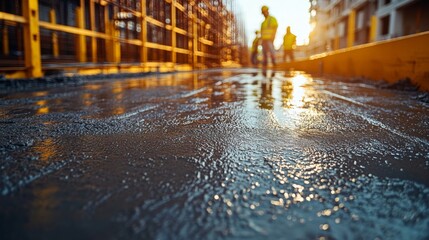 Poster - Workers are completing the final touches on wet concrete as the sun sets behind them, creating a warm glow over the construction site. Safety gear is visibly worn.