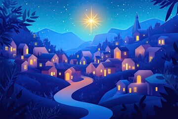 bright star of bethlehem shining over peaceful night village - christmas scene illustration