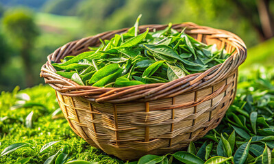 Wall Mural - a straw basket filled with fresh green tea leaves