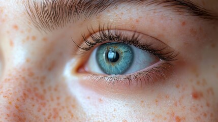 Poster - A striking close-up reveals a blue eye with striking hues and unique freckles. The natural light accentuates the intricate details and reflections present in the iris.