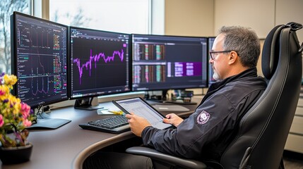 Poster - A professional man analyzes trading data on multiple screens in a modern office setting.