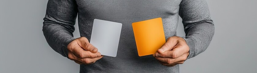 Man holding two price tickets in contrasting colors price choice, decision-making in purchases