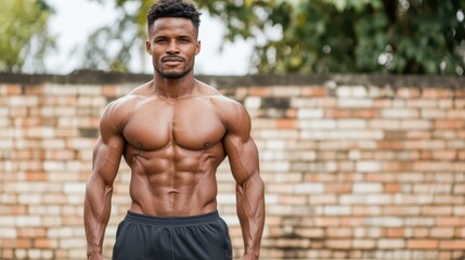 A fit, muscular man poses confidently outdoors, demonstrating athletic prowess and strength. This image embodies fitness, self-assurance, and dedication.