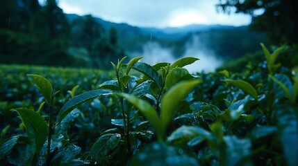 Poster - Rows of tea plants with morning mist and the first light of day breaking over the horizo