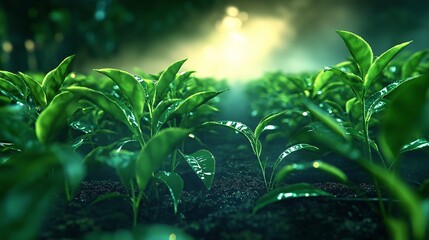 Poster - Rows of tea plants with morning mist and the first light of day breaking over the horizo