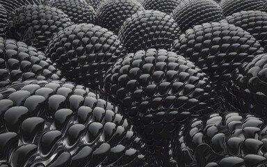Poster - Abstract Black Sphere Pattern: A mesmerizing array of black spheres with textured surfaces creates a captivating visual, perfect for abstract art, technology, and design projects.