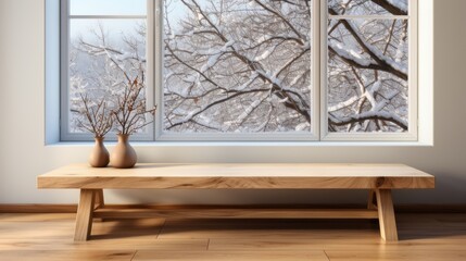 A wooden bench with a minimalist design sits before a window with a snowy winter landscape view, showcasing a serene ambiance in a modern home.