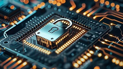 Poster - padlock is securing a microchip on a circuit board, symbolizing the importance of cybersecurity in p