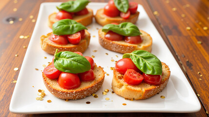 Bruschetta with tomatoes and basil on a white plate