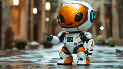 Poster - A cute mini robot with glowing eyes and a cheerful expression, pointing in a futuristic city setting