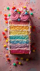 Wall Mural - There is a cake with a rainbow layer and sprinkles on the table, food background, vertical background