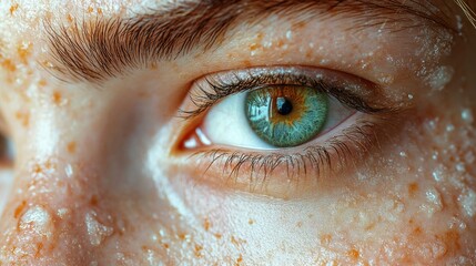 Poster - A close-up view reveals a person's captivating eye featuring a mix of blue and green colors, surrounded by freckles, illuminated by natural light.