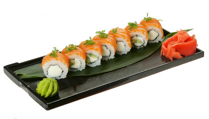 An elegant presentation of assorted sushi rolls on a board, featuring vibrant colors and fresh ingredients, perfect for a gourmet dining experienc