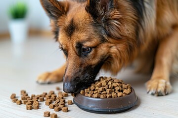 close up of a german shepherd enjoying dry food from a bowl in the living room setting