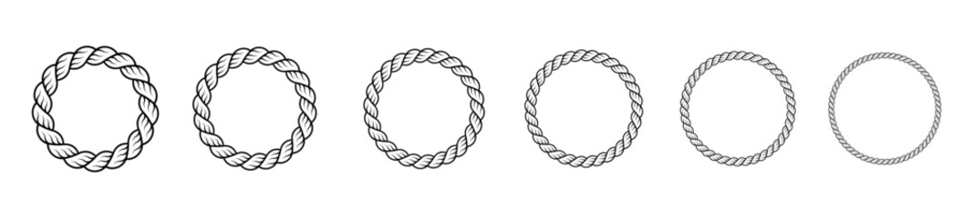 Poster - Round rope borders in the circles shape. Vector collection of black braided cord frames isolated on transparent background 