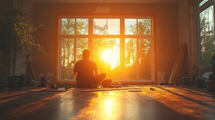 Leinwandbilder - A figure sits cross-legged on the floor of a tranquil space, absorbing the warm glow of a sunset that pours through large windows, illuminating the surrounding area.
