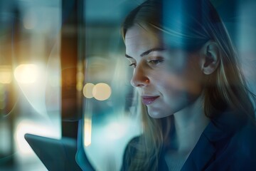 Aufkleber - Professional Woman Using Mobile Device in Modern Setting