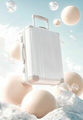 A white suitcase is surrounded by a cloud of white spheres