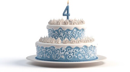 Food, Sweet, 4th Birthday Cake, Blue, Photo Realistic, White Background, Wallpaper, Cover and Screen for Smartphone, PC, Laptop, 9:16 and 16:9 Format