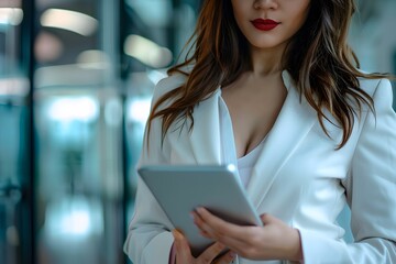 Poster - Businesswoman Using Tablet in Modern Office Setting